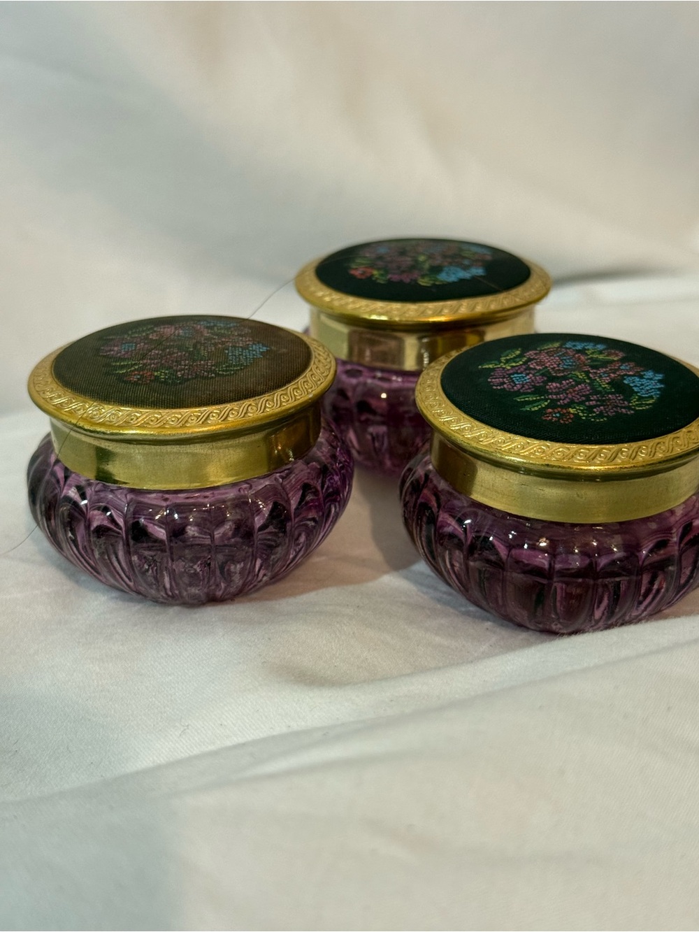 Vintage Avon Charisma Petit Point Vanity Jars Set of 3 Purple Glass 1 Oz 1970s